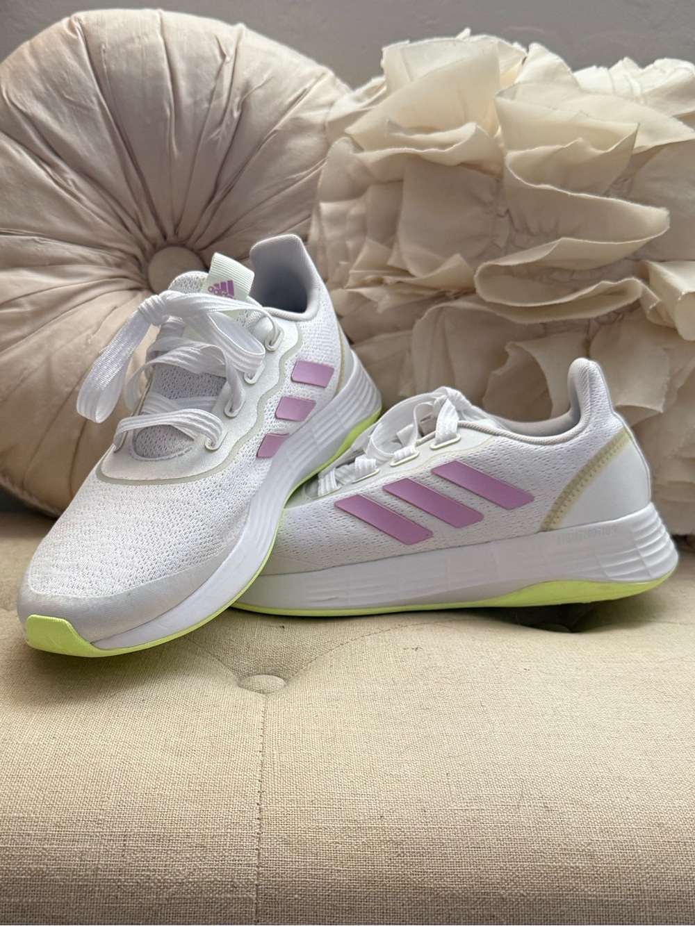 adidas Women's White Sneakers with Pink Stripes and Lime Accents